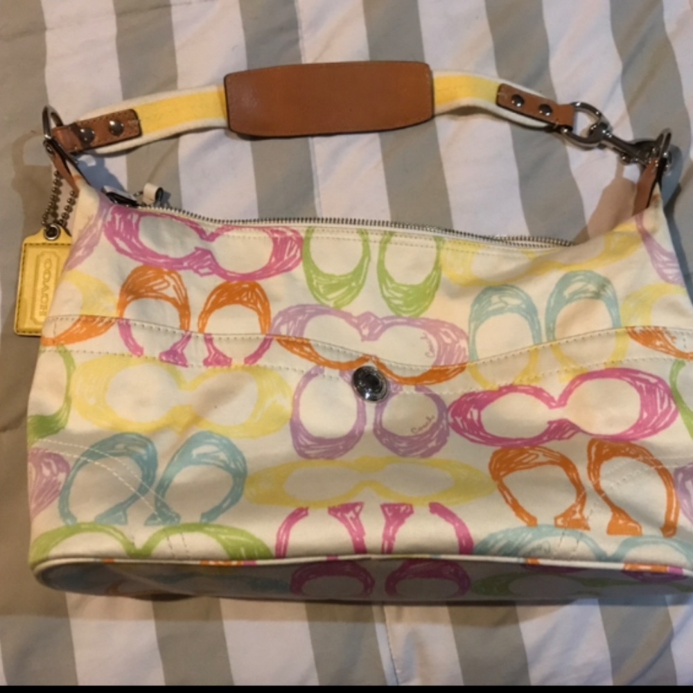 Coach Scribble White Multi-Color Leather Trim Baguette Shoulder Hand Bag